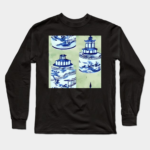 Blue and white chinoiserie jars on sage green Long Sleeve T-Shirt by SophieClimaArt